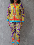 Gold Casual Print Patchwork Lapel Long Sleeve Two-piece Suit