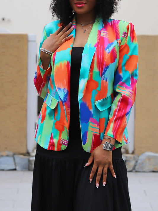 Green Casual Printed Cardigan Lapel Jacket