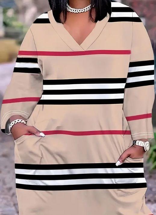 Long Sleeve Striped V-Neck Casual Dress