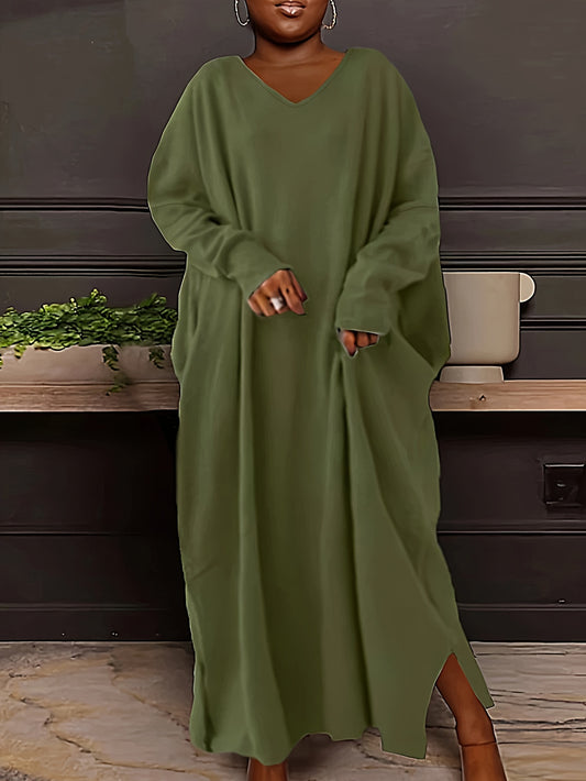 Casual Dress Robe Solid Color V Neck Long Sleeve Basic Loose Everyday Dress