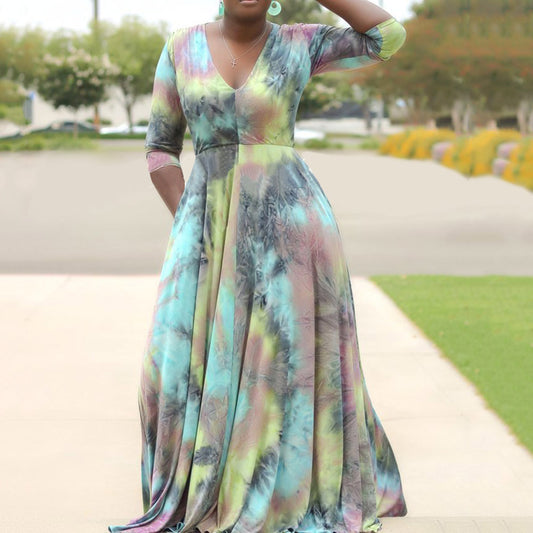 Tie-dye temperament sexy V-neck dress