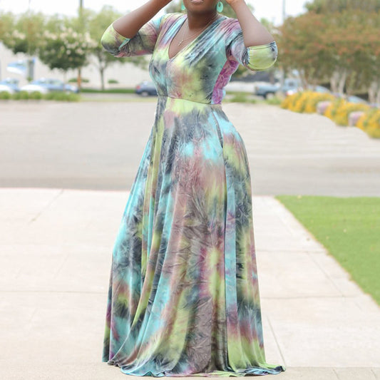 Tie-dye temperament sexy V-neck dress