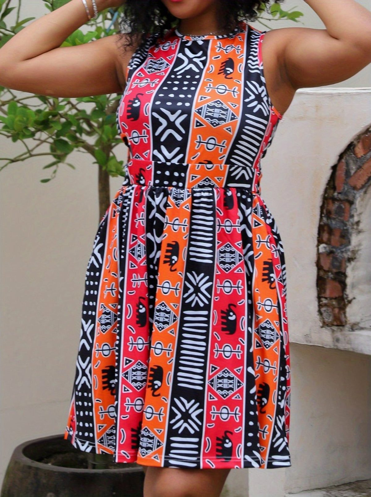 Elegant and simple mixed print contrast round neck dress