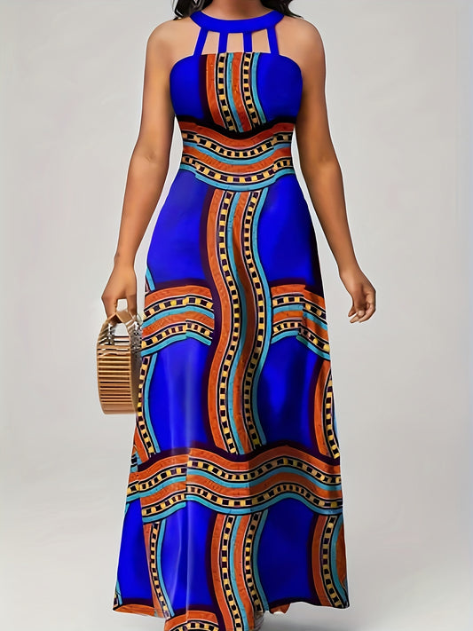 Blue Casual Elegant Geometric Print V Neck Tank Dress