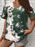 Oversized tie-dye V-neck dropped shoulder short-sleeved T-shirt