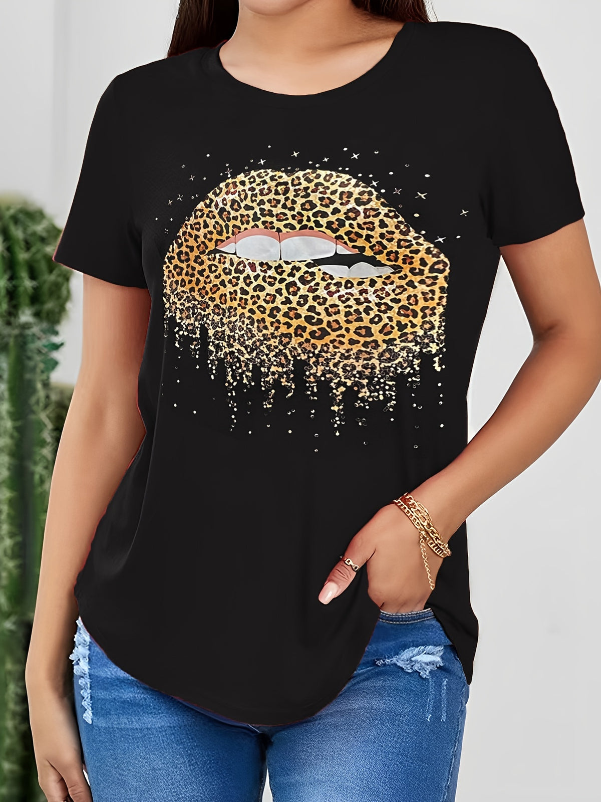 New creative leopard lips print large size women's T-shirt