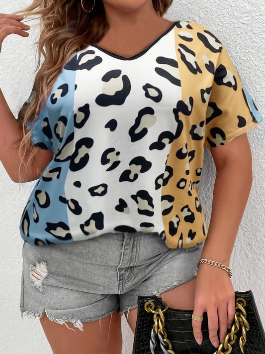 New Leopard Print V-Neck Oversized T-Shirt Top