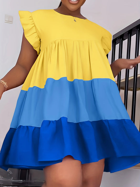 Casual Patchwork Color Block Colour Round Neck A-Line Dress