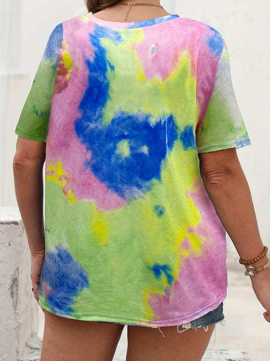 New Multicolor Tie-Dye Letter Printed Large Size Women's Short-Sleeved T-Shirt - Random Printing