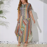 Large Size Printed Short Sleeve Irregular Dress