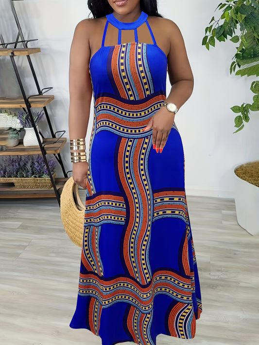 Blue Casual Elegant Geometric Print V Neck Tank Dress