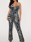 Black and White Sexy Casual Street Animal Print Bandage Print Strapless Bootcut Jumpsuit