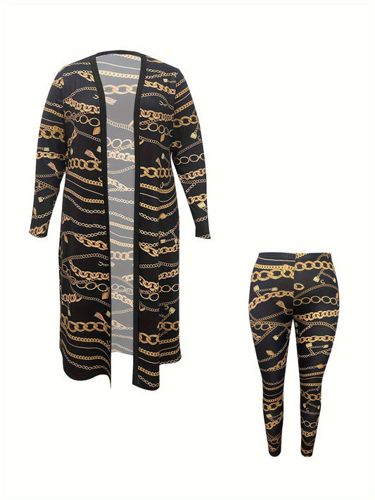 Casual chain printing large size two-piece set long cardigan trousers set