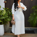 Fashion lapel long sleeve high waist temperament pleated solid color dress