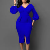 Neck bubble sleeve split dress office pencil dress dress