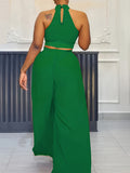 Casual street everyday elegant simple solid color halter neck sleeveless two-piece suit