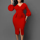 Neck bubble sleeve split dress office pencil dress dress