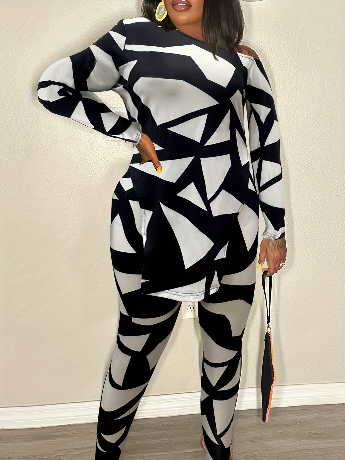 Geometric print slit hem long sleeve top and pants set