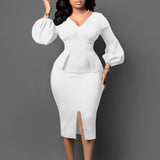 Neck bubble sleeve split dress office pencil dress dress