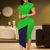 Fashion temperament short-sleeved hip-wrapped color-matching dress