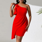 Fashion diagonal neck ruffle edge hip-wrapped temperament dress