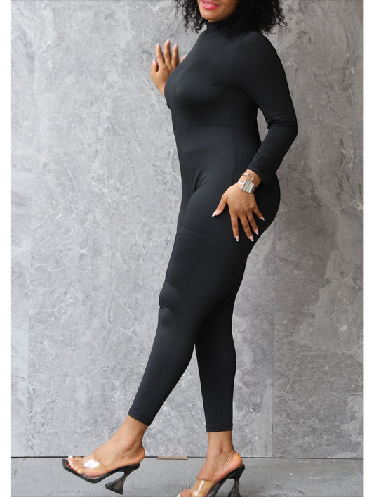 Large size black casual solid color spliced turtleneck jumpsuit