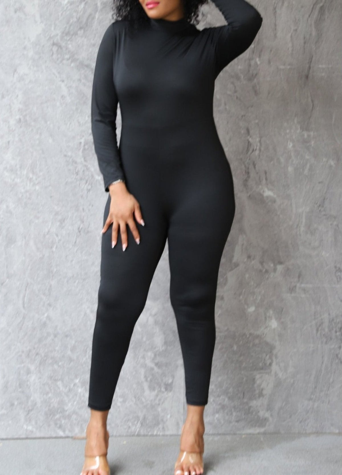 Large size black casual solid color spliced turtleneck jumpsuit