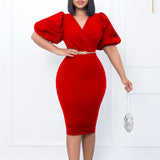 Bubble sleeve V-neck hip wrap professional OL temperament dress