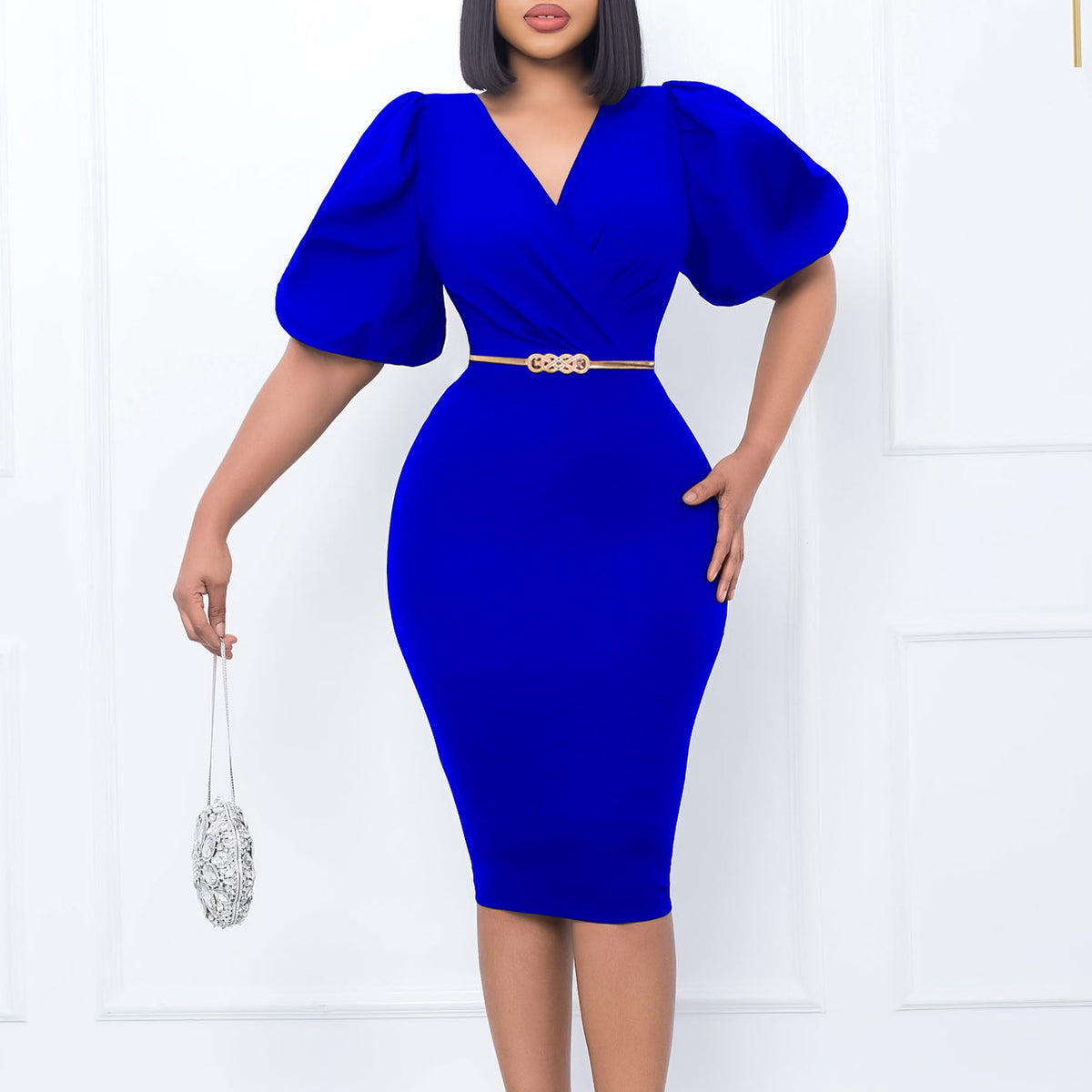 Bubble sleeve V-neck hip wrap professional OL temperament dress