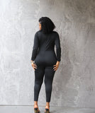 Large size black casual solid color spliced turtleneck jumpsuit