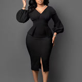 Neck bubble sleeve split dress office pencil dress dress