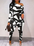 Geometric print slit hem long sleeve top and pants set