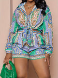 Green casual printed patchwork button lapel long sleeve two-piece