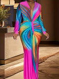 Celebrity Rainbow Printing V-Neck Long Sleeve and Floor Long Tie Waist Fishtail Tie Formal Party Evening Dress Long Extra Long Dress