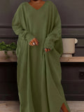 Casual Dress Robe Solid Color V Neck Long Sleeve Basic Loose Everyday Dress