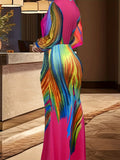 Celebrity Rainbow Printing V-Neck Long Sleeve and Floor Long Tie Waist Fishtail Tie Formal Party Evening Dress Long Extra Long Dress